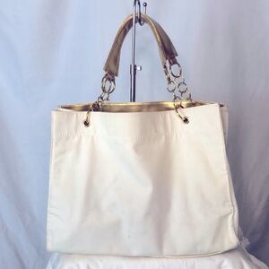 Cream and gold large canvas tote. Non brand. Gold chain & faux leather straps.